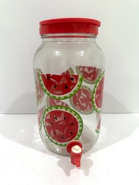 VTG Red Watermelon Glass 1 Gal Drink Dispenser Sun Tea/Lemonade Spigot Flip Top